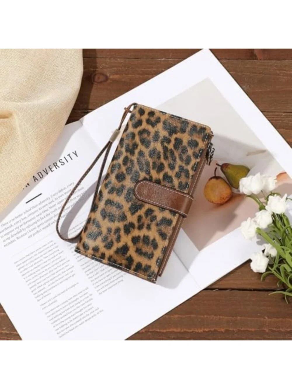 Stylish Large Leather Wallet for Women - Leopard Print Wristlet Clutch, Chic